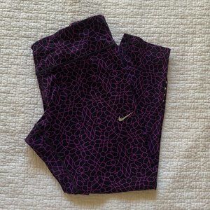 Nike Dri Fit Women's Running Capri Leggings Purple Black Geometric Stretch L